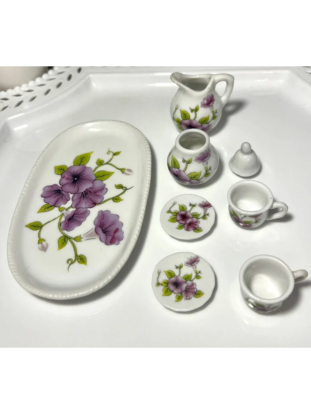 Vintage Royal Norfolk Greenbriar Purple Morning Glory Mini Doll Tea Set